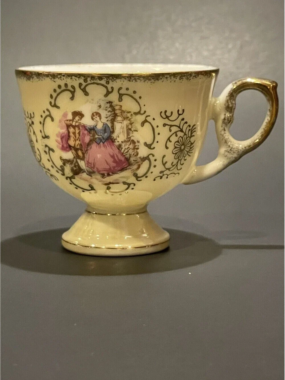 Fragonard Love Story Pedestal Demitasse Tea Cup Saucer 6778 Japan Sticker Ivory